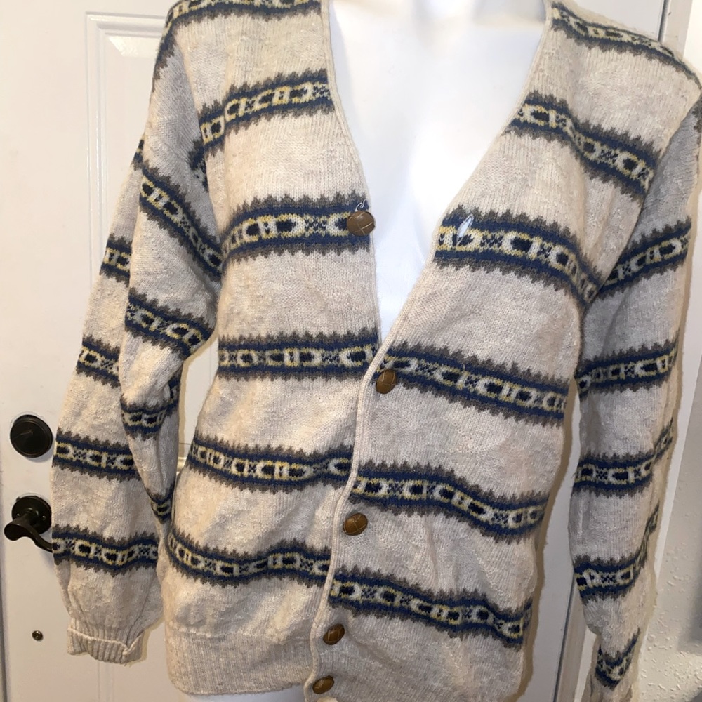 Vintage Wool Benetton button down sweater with leather buttons, Italian made